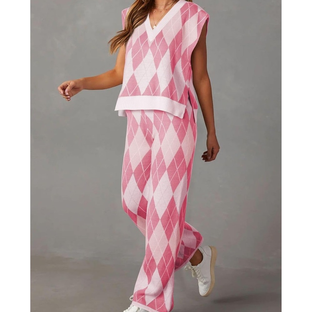 Pink Argyle Knit Pant Set